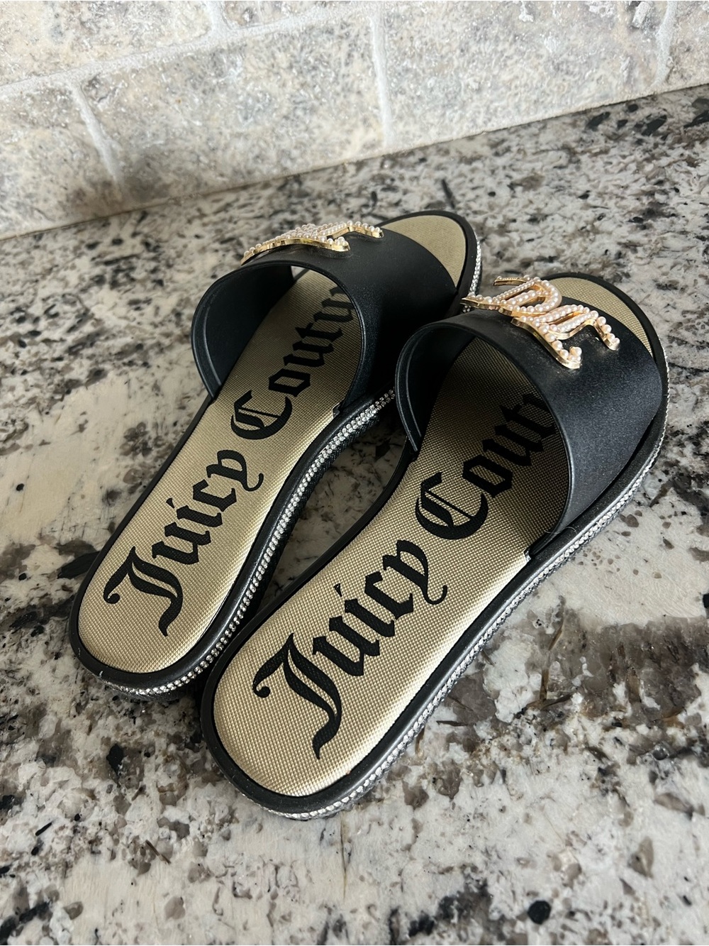 Juicy Couture Black Slides with Pearl-Embellished JC Logo - Picture 2 of 5